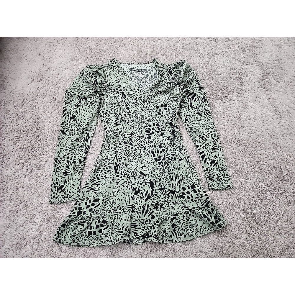 Missguided Mini Dress Womens US 4 Green Animal Print Ruffle Hem Long Sleeve
